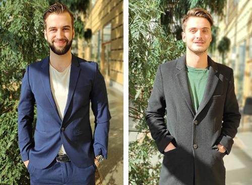 Niklas Koch in picture on left and Sören Pongratz in picture on right. Both have hands in their pockets, smiling facing out towards the camera.