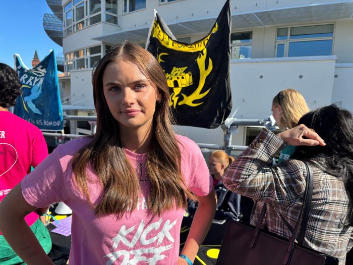 Girl in pink shirt.