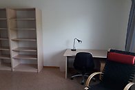 Study desk, black office chair, desk lamp, wooden chair and bookshelf in bedroom