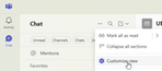 Image of chats and channels and how to customise via the gear icon